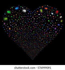 Cucaracha fireworks with heart shape. Vector illustration style is flat bright multicolored iconic symbols on a black background. Object stream organized from random pictograms.