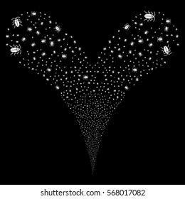 Cucaracha fireworks stream. Vector illustration style is flat white iconic symbols on a black background. Object double fountain made from random pictographs.