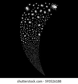 Cucaracha random fireworks stream. Vector illustration style is flat white iconic symbols on a black background. Object fountain organized from scattered icons.