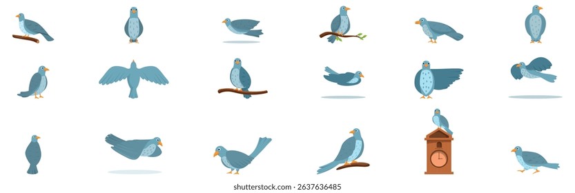 Cuckoo bird icons set. Collection of cartoon doves in various poses, perched on branches, flying, and standing