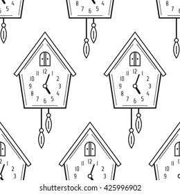 Cuckoo clock. Black and white seamless pattern with clocks. Vector 