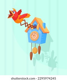 Cuckoo clock. Cartoon funny twitter chirp bird from antique wooden watch, retro time reminder or chirping alarm clocks with music bell signal countdown, vector illustration of cuckoo funny interior