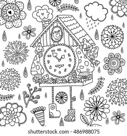 The cuckoo clock. Cute coloring. Vector.