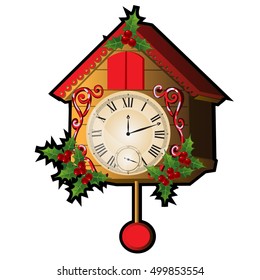 Cuckoo clock decorated with leaves and berries Holly isolated on a white background. Sketch for greeting card, festive poster or party invitations.The attributes of Christmas and New year. Vector.