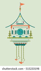 Cuckoo Clock Flat Style Doodle Vector Illustration. Green Color