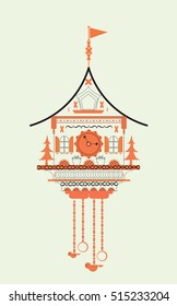 Cuckoo Clock Flat Style Doodle Vector Illustration. Orange Color