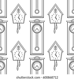 Cuckoo clock and grandfather clock, flat linear objects. Black and white seamless pattern for coloring book, page.