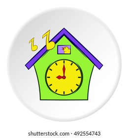 Cuckoo clock icon in cartoon style on white circle background. Time symbol vector illustration