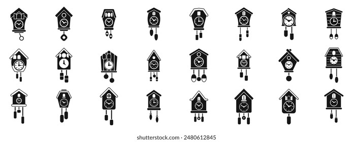 Kuckucksuhr-Symbole gesetzt. Kollektion von Kuckucksuhren mit verschiedenen Designs und Stilen