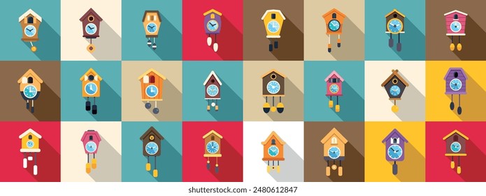 Cuckoo Clock icons set. Variety of cuckoo clocks are displayed, each with its own unique design and time