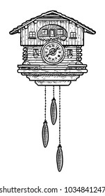 Cuckoo clock illustration, drawing, engraving, ink, line art, vector