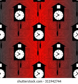 Cuckoo Clock On A Red Background Seamless Vector Pattern