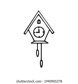 Cuckoo Clock On The Wall. Hand-drawn Single Vector Doodle Illustration Isolated On White.