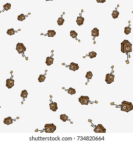 Cuckoo clock on white background. Seamless vector pattern