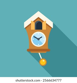 Cuckoo clock showing five o'clock with long shadow on turquoise background