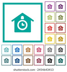 Cuckoo clock solid flat color icons with quadrant frames on white background