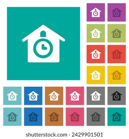 Cuckoo clock solid multi colored flat icons on plain square backgrounds. Included white and darker icon variations for hover or active effects.