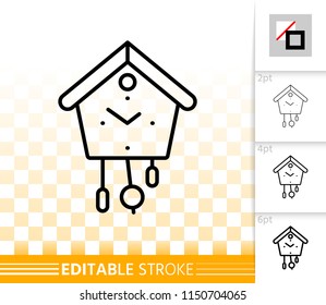 Cuckoo Clock thin line icon. Outline web sign of watch. Time linear pictogram with different stroke width. Simple vector symbol, transparent background. Cuckoo Clock editable stroke icon without fill