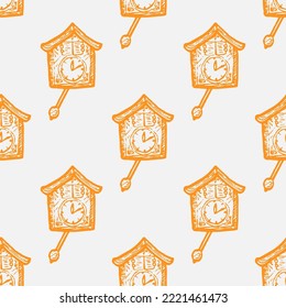 cuckoo clock vector seamless pattern on white background