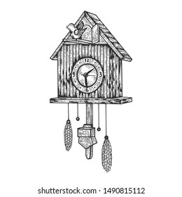Cuckoo clock watch sketch engraving vector illustration. Scratch board style imitation. Black and white hand drawn image. svg