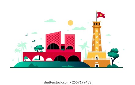 Cuckoo House and Flag tower in Hanoi - colored vector illustration