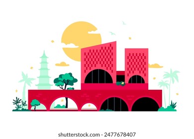 Cuckoo House in Vietnam - modern colored vector illustration with red two-storey building a cafe combined with a four-person house in Da Nang. Place for recreation and tourism, rest in Asia idea