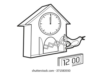 Cuckoo-clock. Black and white vector illustration