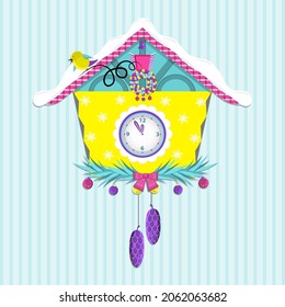 Cuckoo-clock on blue background. flat vector illustration.