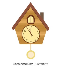 Cuckoo-clock vector illustration isolated on white background. Wooden cuckoo clock in flat style.