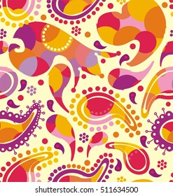 Cucumber abstract. Floral motive with bright circles inside ornamental elements in white, red, purple, pink, yellow colors a seamless pattern on a white background.