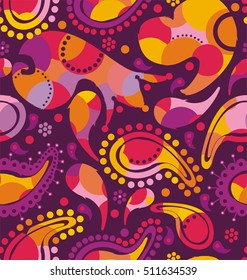 Cucumber abstract. Floral motive with bright circles inside ornamental elements in white, red, purple, pink, yellow colors a seamless pattern on a purple background.