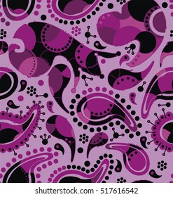 Cucumber abstract. Floral motive with bright circles inside ornamental elements in  black, purple, pink colors a seamless pattern on a pink background.