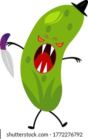 Cucumber angry cartoon character vegetable with sharp fangs and an open mouth holding a sharp knife in his hand an object on a white background Halloween and mysticism concept