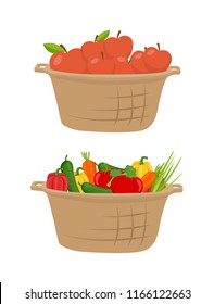 Cucumber and apples in basket, harvesting season. Fruits and vegetables harvested in pannier. Ripe tomatoes, carrot and peppers, homegrown meal vector