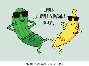 Cucumber and Banana Cool Dancing and wearing Sunglass Vector Illustration.
