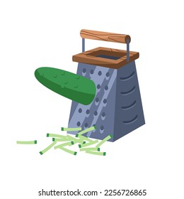 Cucumber being grated vector illustration. Products and ingredients, grated vegetables for preparing healthy meal on white background. Food, nutrition, kitchen utensils concept