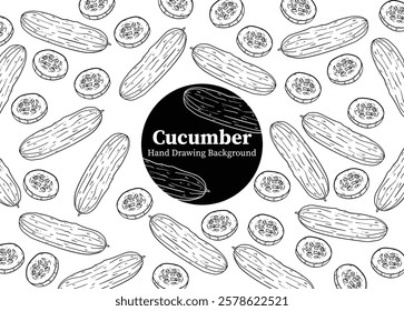 Cucumber black ink hand drawn background. black and white image design vector, line art, ornament design, aesthetic, health