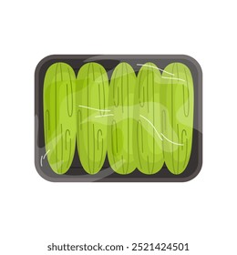 Cucumber in black plastic tray, top view of styrofoam package with film wrap vector illustration