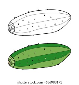 Cucumber. Black and white illustration for coloring book and color example.