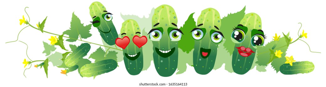 Cucumber border. Cute cartoon emoji green vegetables
