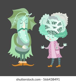 Cucumber and cabbage on black background. Greeting card with cute cartoon vegetables. Vector illustration.