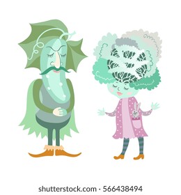 Cucumber and cabbage on white background. Greeting card with cute cartoon vegetables. Vector illustration.