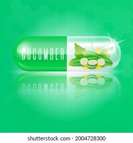 Cucumber capsule vitamin green with cucumber slices. Medical concepts and health supplements. Realistic 3D Vector illustration.