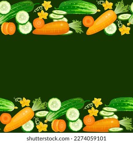 Cucumber and carrot seamless pattern with slices, flowers, and leaves. The vegetable pattern in the form of a strip. Fresh healthy food on green background. Cooking concept. Vector illustration.