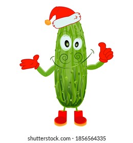 Cucumber cartoon character in santa hat, presenting something. Bright vector illustration. Emoji Emoticon Christmas  collection. 