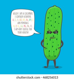 Cucumber cartoon character vector character. Organic vegetable with text about vitamins and minerals design. Healthy natural food for health creative concept. Cartoon cucumber for kids education.