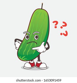 Cucumber cartoon mascot character in a confused gesture