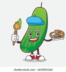 Cucumber cartoon mascot character painter style with art brush