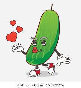 Cucumber cartoon mascot character teasing with heart kiss