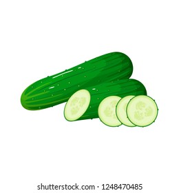 Cucumber. Cartoon vector icon isolated on white background. Vegetables. Whole and sliced cucumber